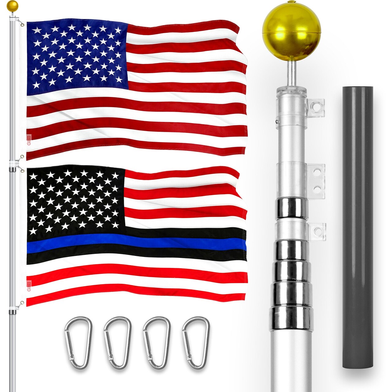 G128 Combo Pack: 25 Ft Telescoping Aluminum Flagpole (Silver) & American and Blue Lives Matter Flags 3x5 Ft, Both ToughWeave Series Embroidered Polyester | Pole with Flags Included